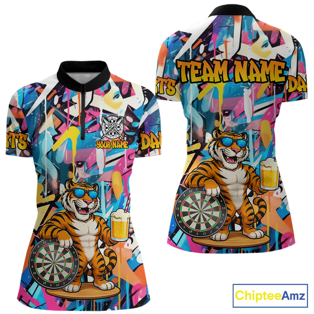 Funny Tiger Colorful Graffiti Darts Shirt For Women Custom Darts Team Jersey Polo, Quarter Zip Shirt TDM7287