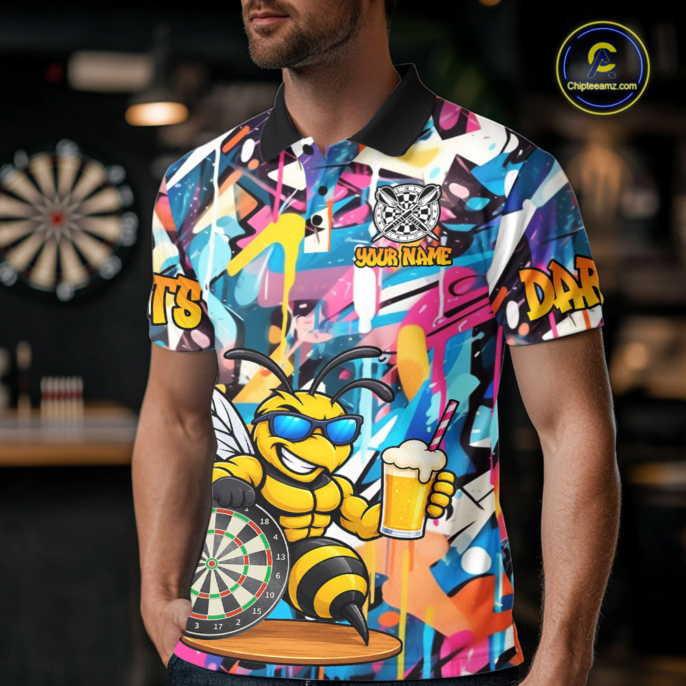 Funny Bee Colorful Graffiti Darts Shirt For Men Custom Darts Team Jersey Polo, Quarter Zip Shirt TDM7288