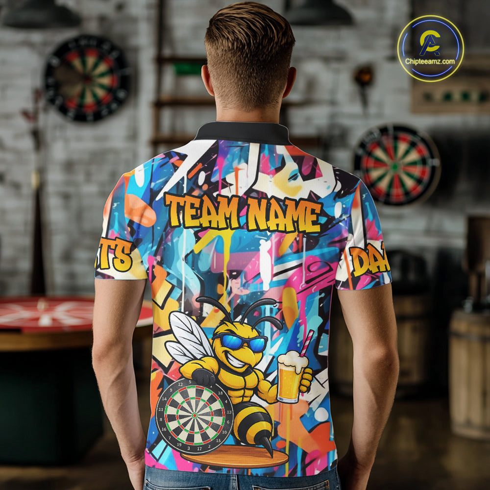 Funny Bee Colorful Graffiti Darts Shirt For Men Custom Darts Team Jersey Polo, Quarter Zip Shirt TDM7288
