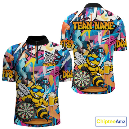 Funny Bee Colorful Graffiti Darts Shirt For Men Custom Darts Team Jersey Polo, Quarter Zip Shirt TDM7288