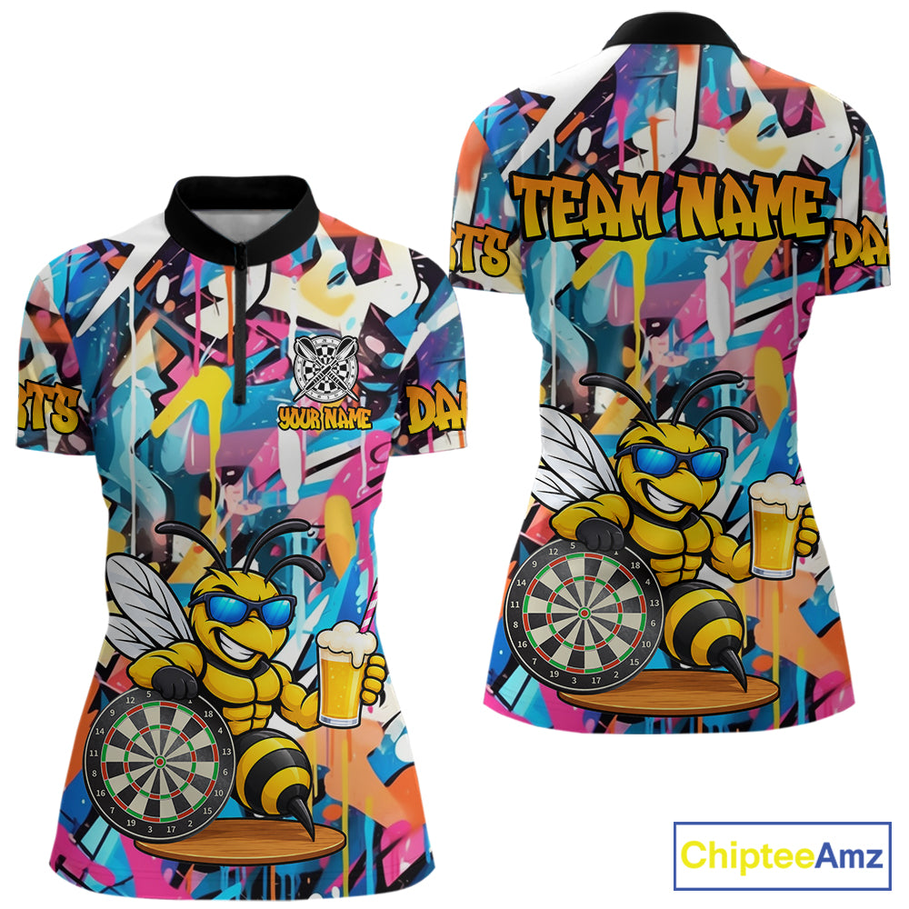 Funny Bee Colorful Graffiti Darts Shirt For Women Custom Darts Team Jersey Polo, Quarter Zip Shirt TDM7288