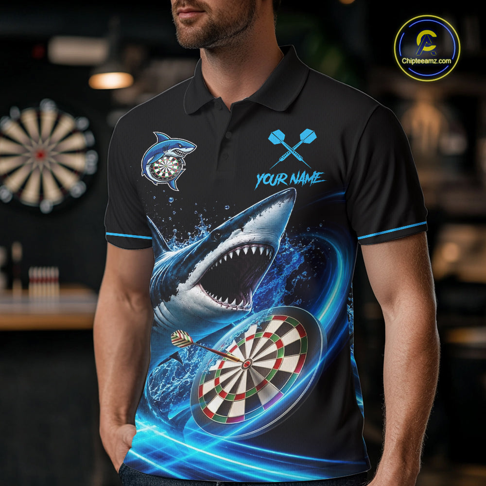 Black And Blue Funny Shark Darts Shirts For Men Custom Darts Jersey, Darts League Team Shirts TDM7289