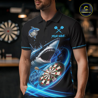Black And Blue Funny Shark Darts Shirts For Men Custom Darts Jersey, Darts League Team Shirts TDM7289