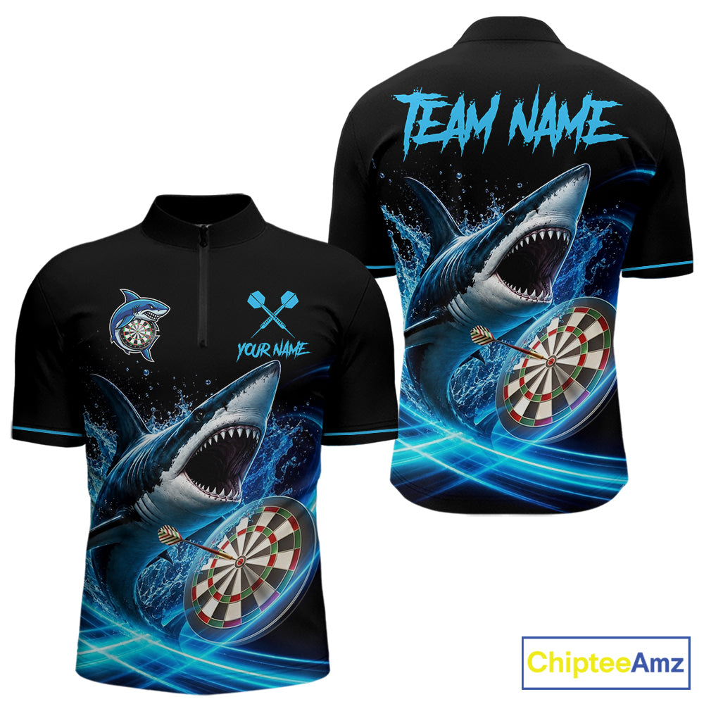 Black And Blue Funny Shark Darts Shirts For Men Custom Darts Jersey, Darts League Team Shirts TDM7289