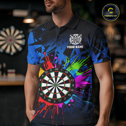 Blue Funny Dartboard Colorful Darts Shirts For Men Custom Darts Polo & Quarter Zip Team Jersey TDM7573