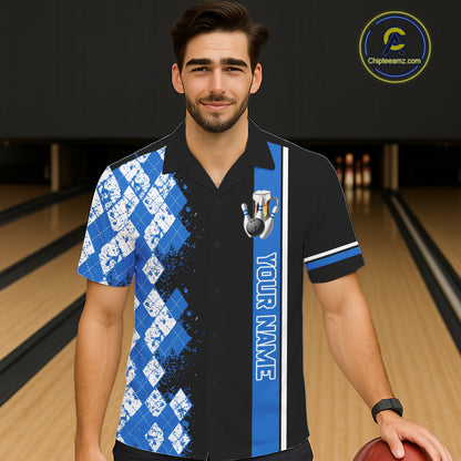 Black And Blue Argyle Pattern Beer Bowling Hawaiian Shirts Custom Bowling Button-Up Team Jersey TDM7583