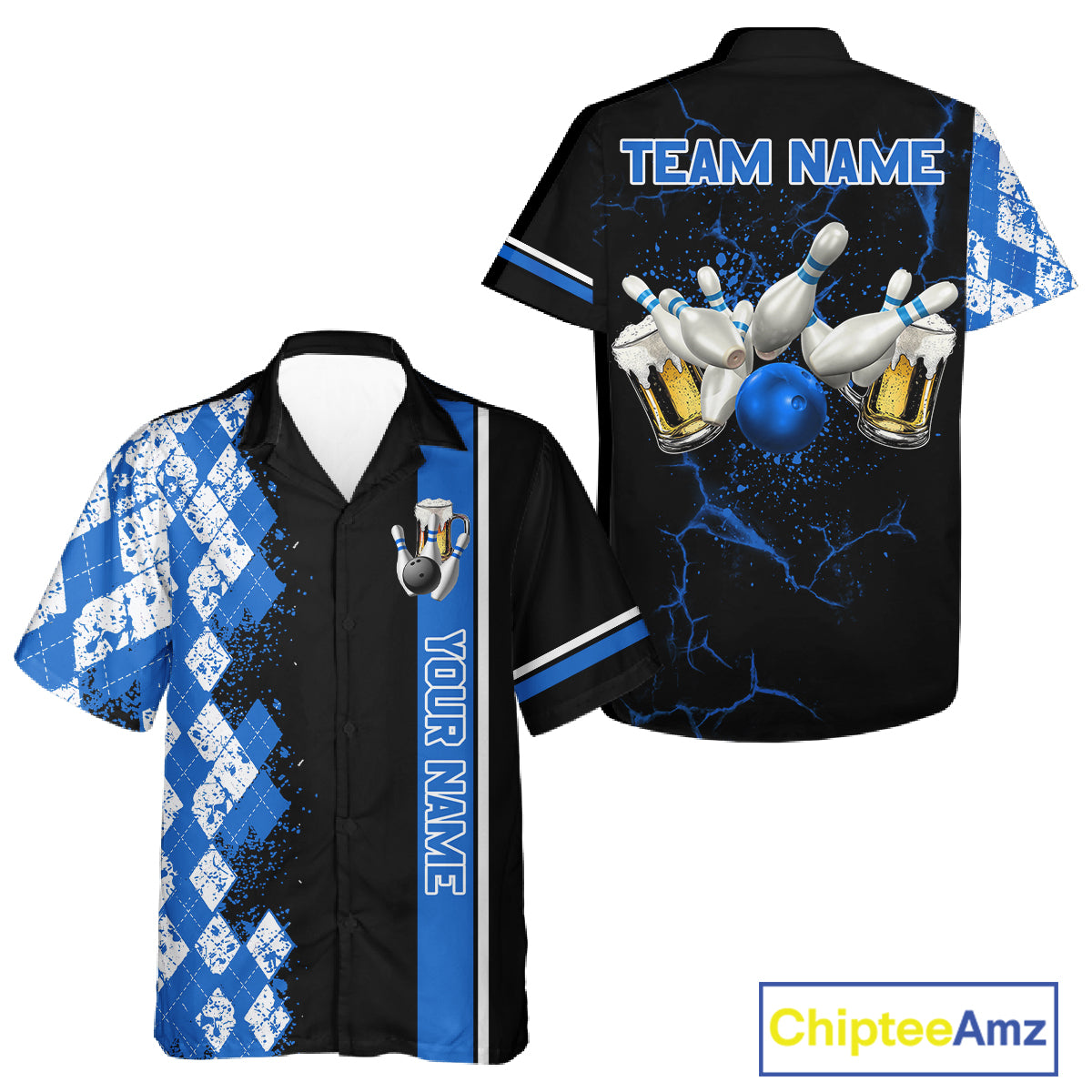 Black And Blue Argyle Pattern Beer Bowling Hawaiian Shirts Custom Bowling Button-Up Team Jersey TDM7583