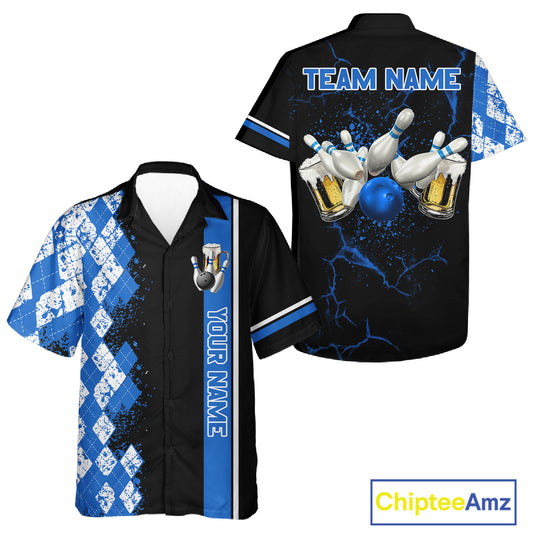 Black And Blue Argyle Pattern Beer Bowling Hawaiian Shirts Custom Bowling Button-Up Team Jersey TDM7583