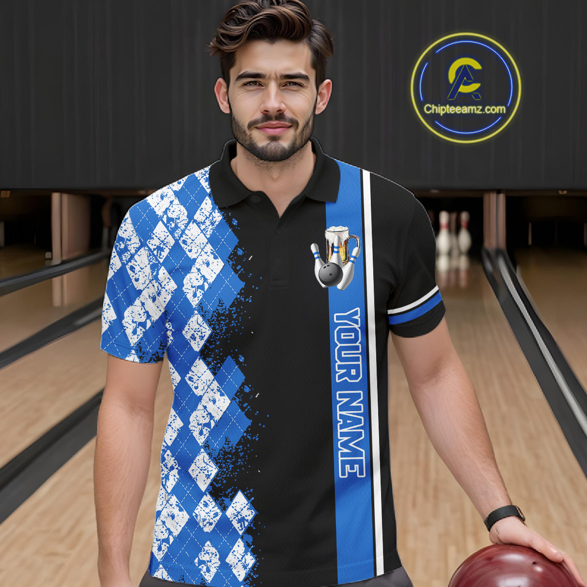 Black And Blue Argyle Pattern Bowling Beer Custom Bowling Shirts For Men Bowling Team League Jersey TDM7583