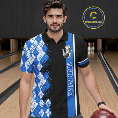 Black And Blue Argyle Pattern Bowling Beer Custom Bowling Shirts For Men Bowling Team League Jersey TDM7583
