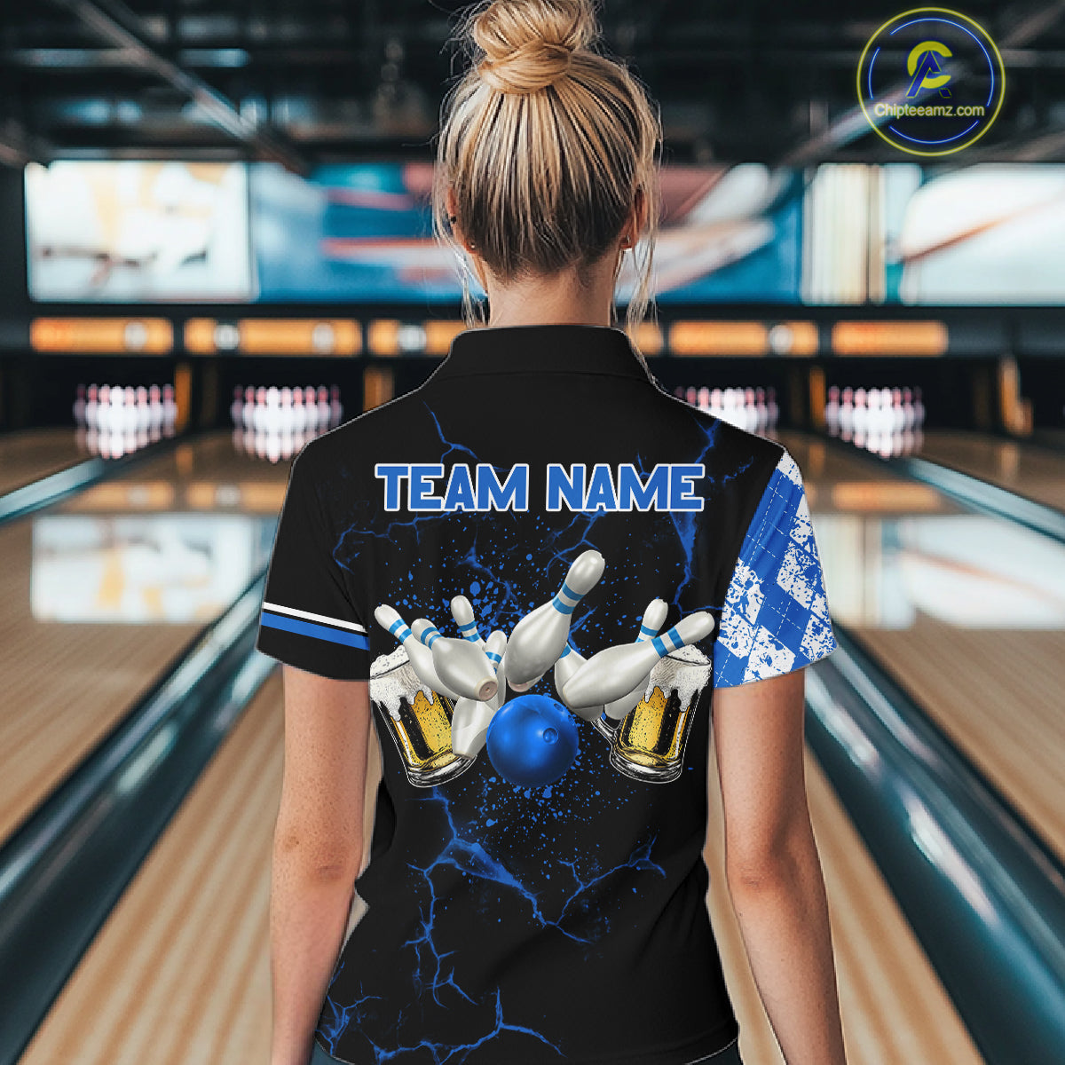 Black And Blue Argyle Pattern Bowling Beer Custom Bowling Shirts For Women Bowling Team League Jersey TDM7583