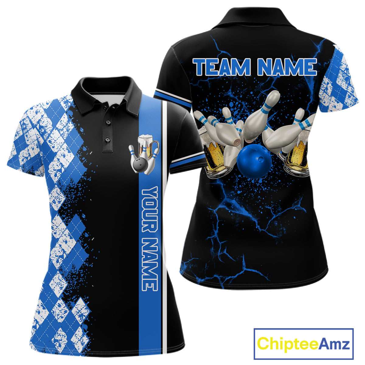 Black And Blue Argyle Pattern Bowling Beer Custom Bowling Shirts For Women Bowling Team League Jersey TDM7583