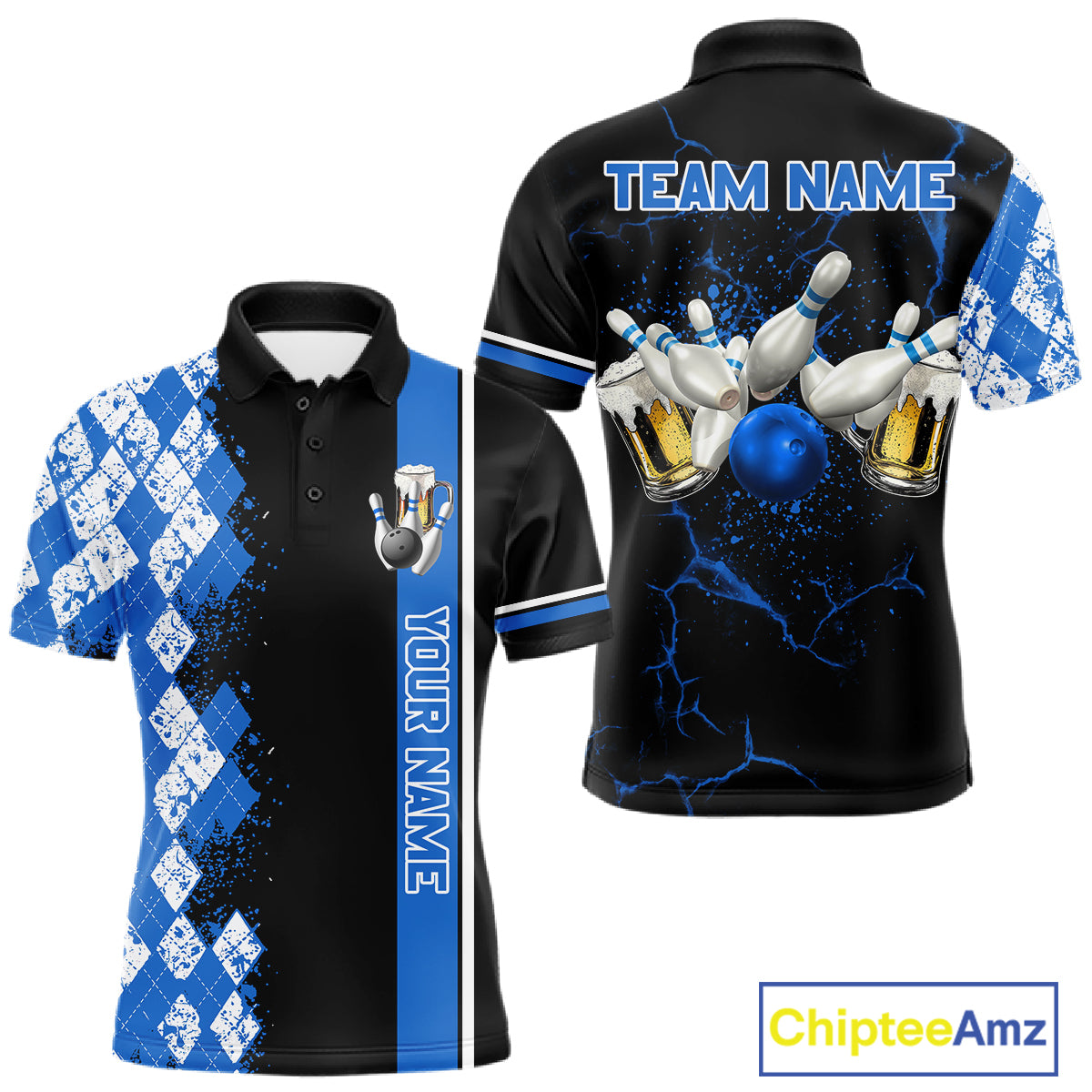 Black And Blue Argyle Pattern Bowling Beer Custom Bowling Shirts For Men Bowling Team League Jersey TDM7583