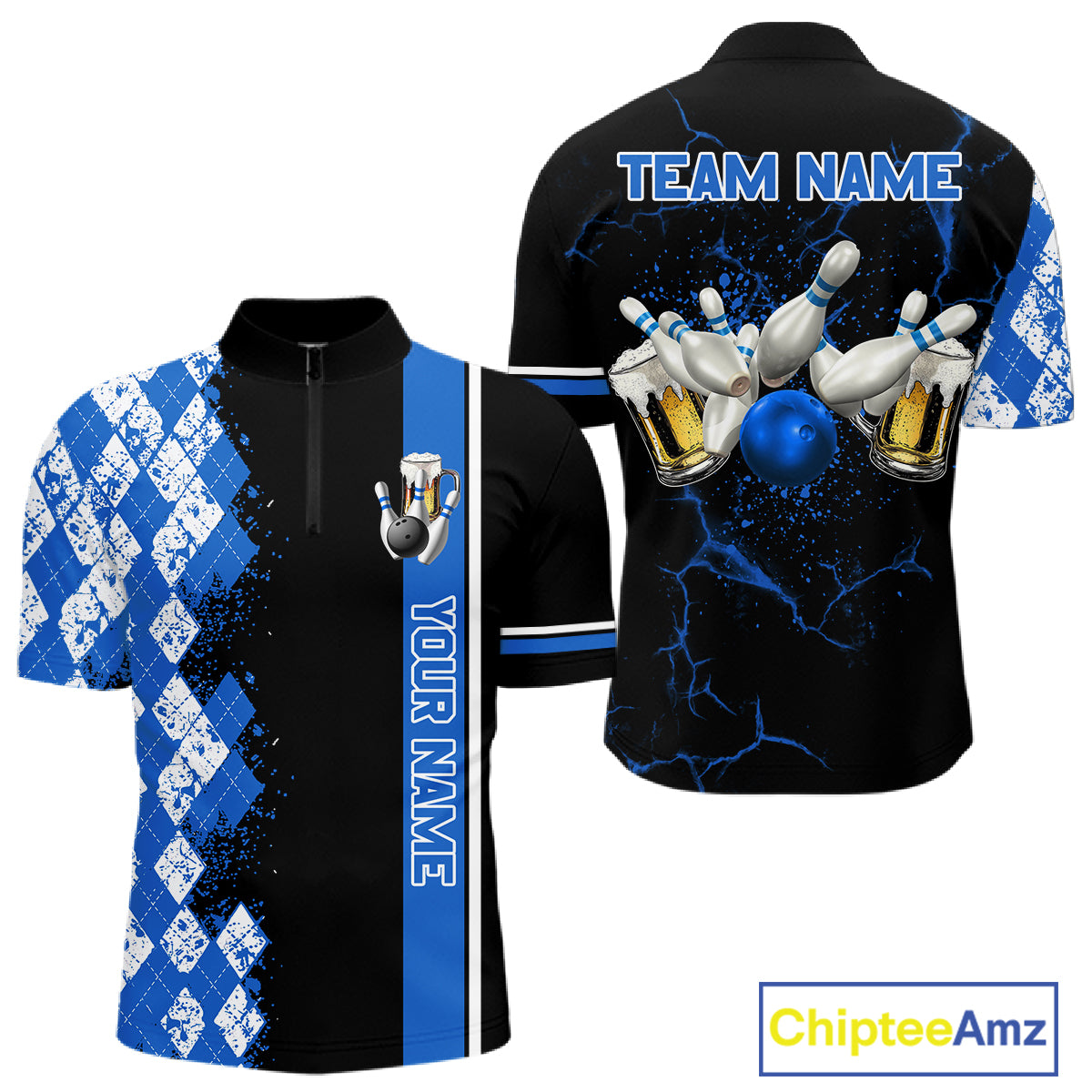 Black And Blue Argyle Pattern Bowling Beer Custom Bowling Shirts For Men Bowling Team League Jersey TDM7583