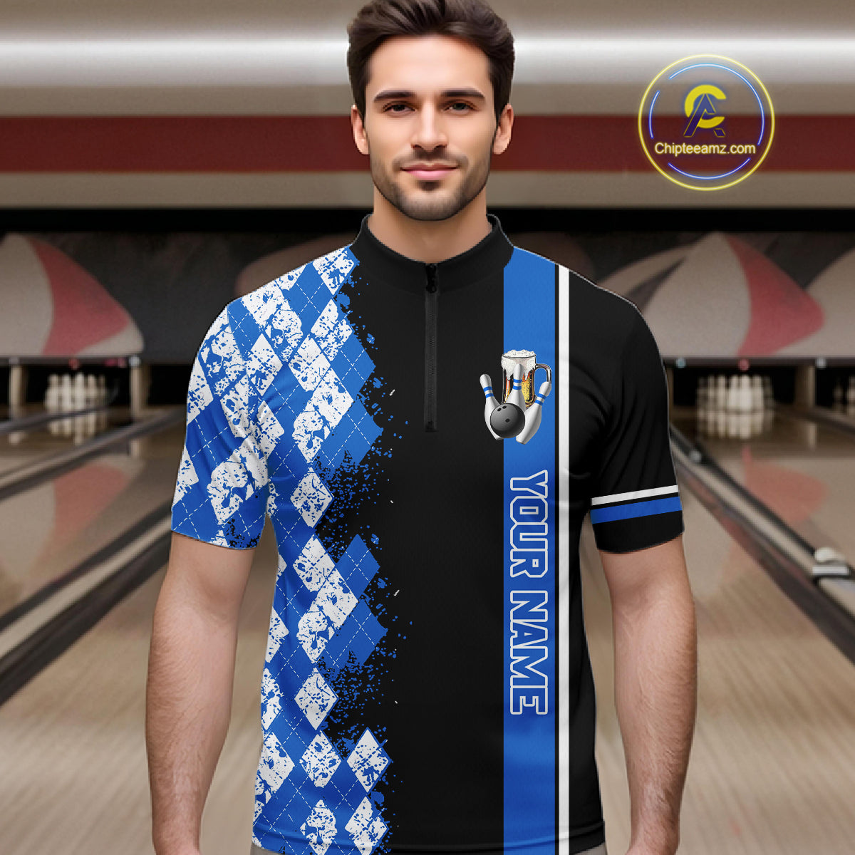 Black And Blue Argyle Pattern Bowling Beer Custom Bowling Shirts For Men Bowling Team League Jersey TDM7583