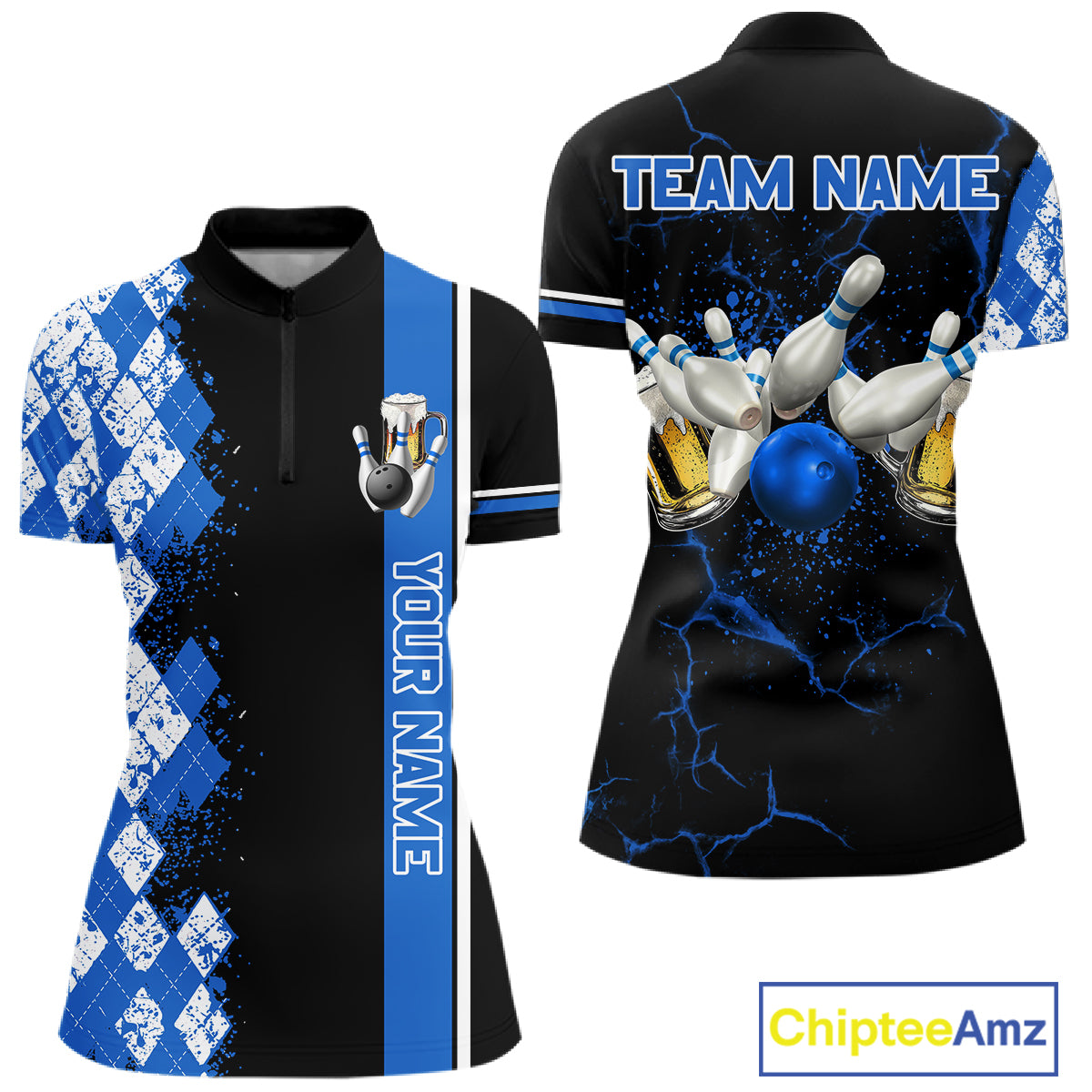 Black And Blue Argyle Pattern Bowling Beer Custom Bowling Shirts For Women Bowling Team League Jersey TDM7583