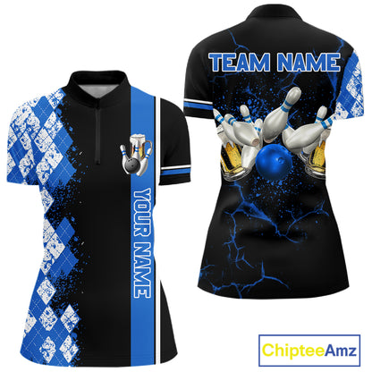 Black And Blue Argyle Pattern Bowling Beer Custom Bowling Shirts For Women Bowling Team League Jersey TDM7583