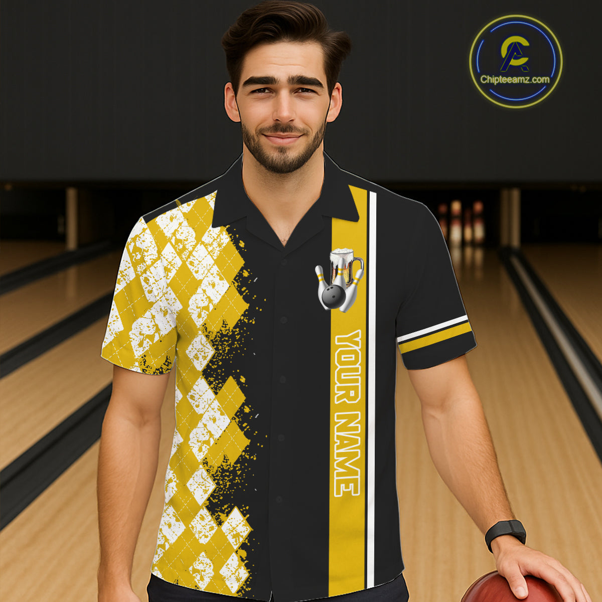 Yellow And Black Argyle Pattern Beer Bowling Hawaiian Shirts Custom Bowling Button-Up Team Jersey TDM7584