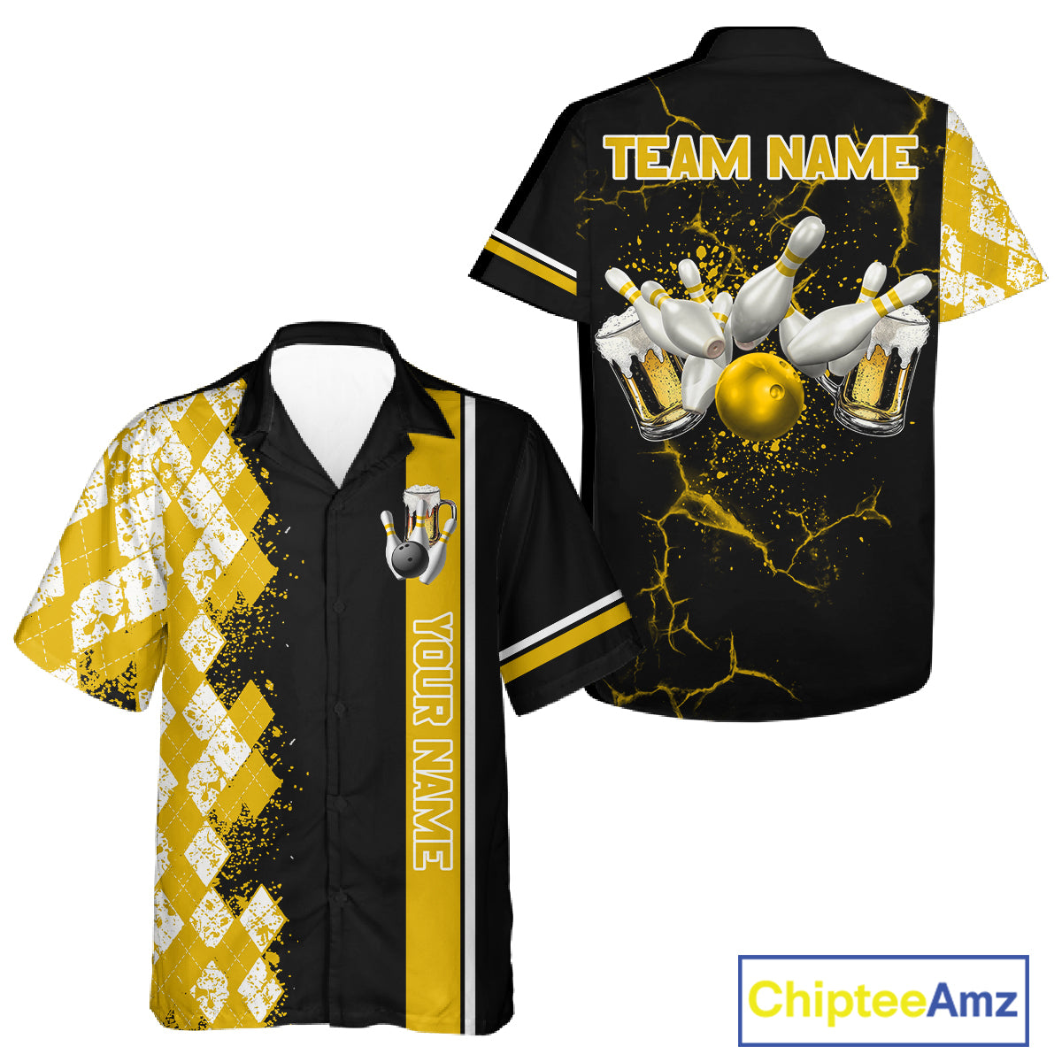 Yellow And Black Argyle Pattern Beer Bowling Hawaiian Shirts Custom Bowling Button-Up Team Jersey TDM7584
