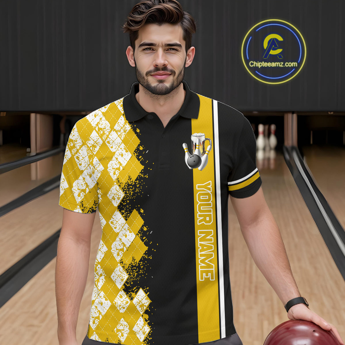 Yellow Black Argyle Pattern Bowling Beer Custom Bowling Shirts For Men Bowling Team League Jersey TDM7584