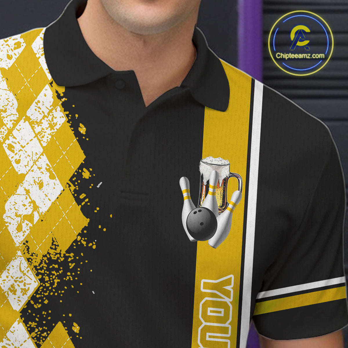 Yellow Black Argyle Pattern Bowling Beer Custom Bowling Shirts For Men Bowling Team League Jersey TDM7584