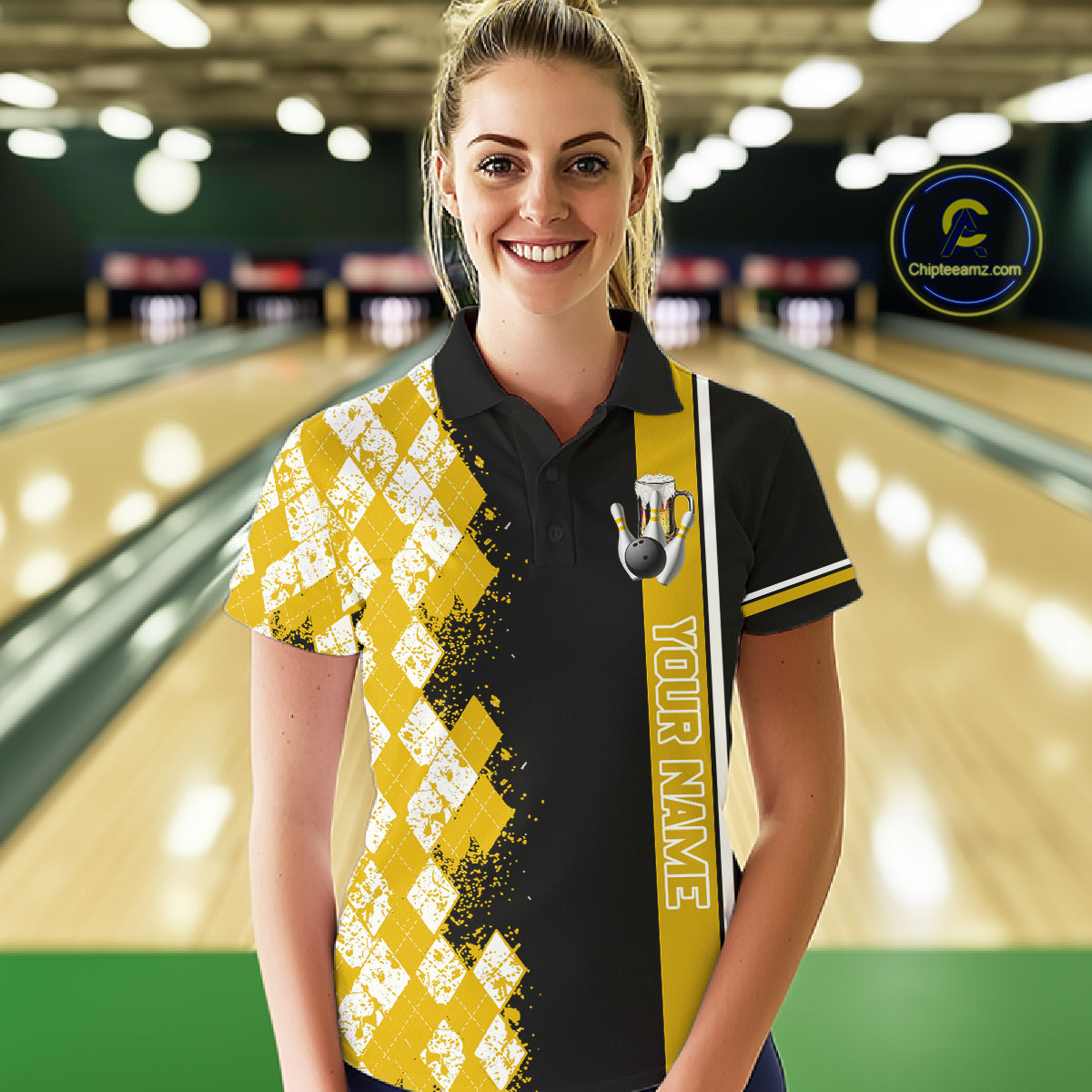 Yellow Black Argyle Pattern Bowling Beer Custom Bowling Shirts For Women Bowling Team League Jersey TDM7584