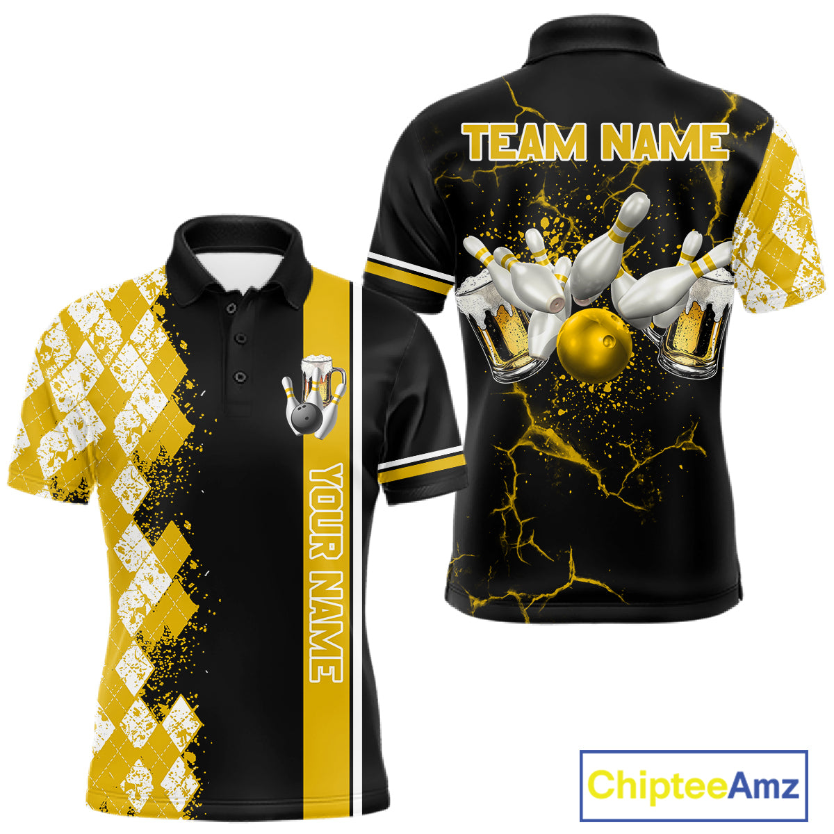 Yellow Black Argyle Pattern Bowling Beer Custom Bowling Shirts For Men Bowling Team League Jersey TDM7584