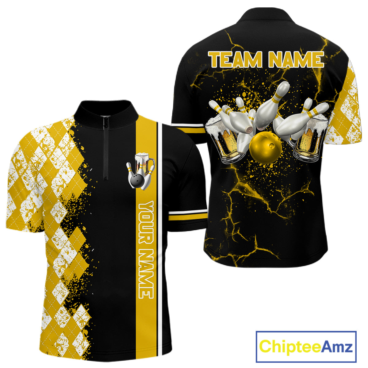 Yellow Black Argyle Pattern Bowling Beer Custom Bowling Shirts For Men Bowling Team League Jersey TDM7584