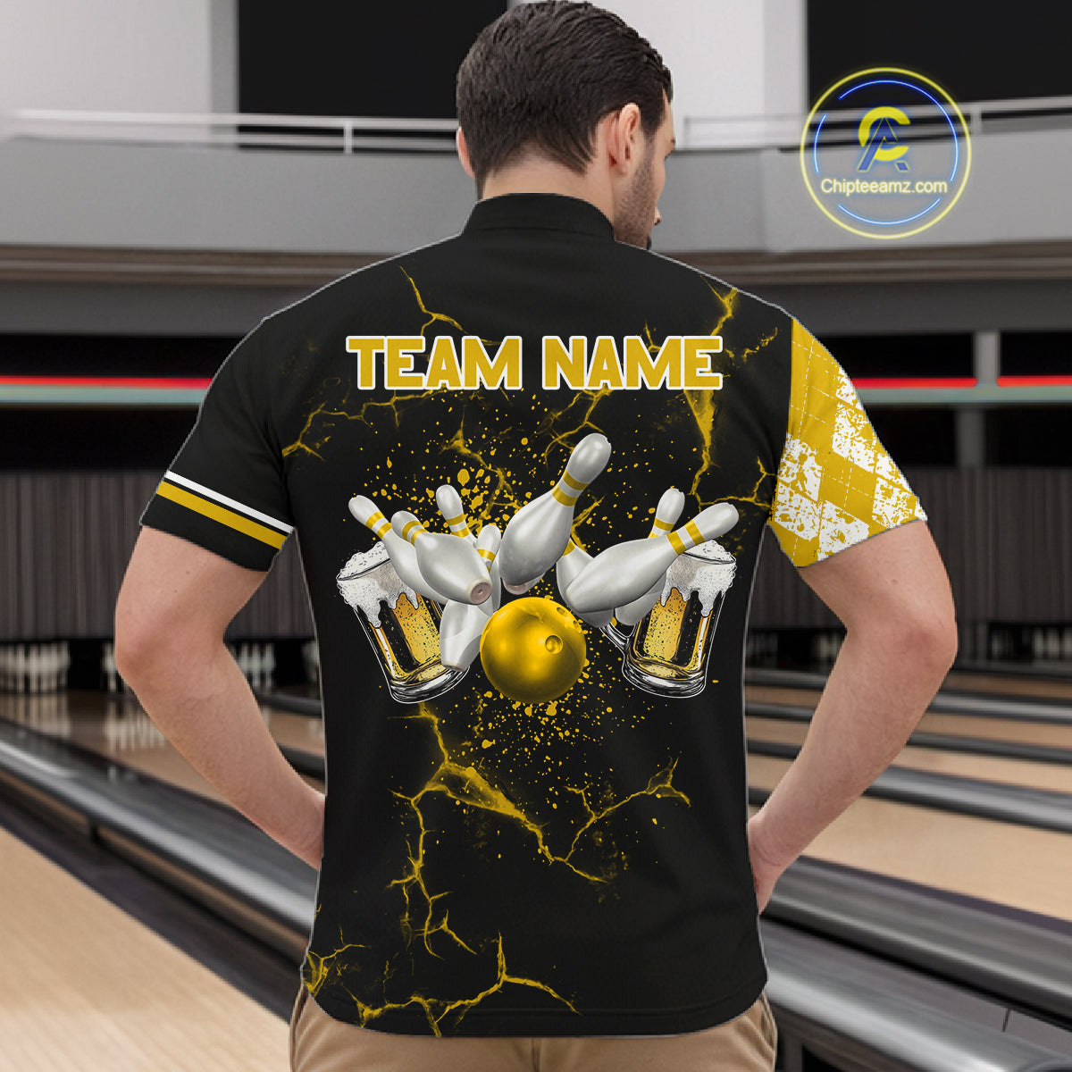 Yellow Black Argyle Pattern Bowling Beer Custom Bowling Shirts For Men Bowling Team League Jersey TDM7584
