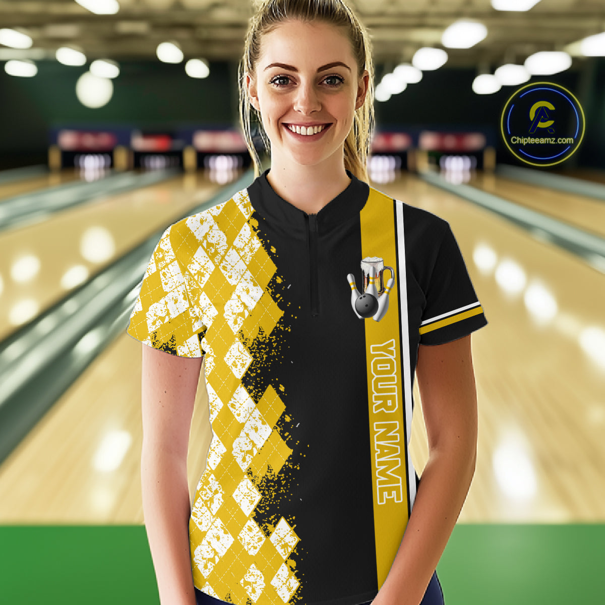 Yellow Black Argyle Pattern Bowling Beer Custom Bowling Shirts For Women Bowling Team League Jersey TDM7584