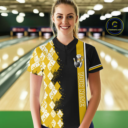 Yellow Black Argyle Pattern Bowling Beer Custom Bowling Shirts For Women Bowling Team League Jersey TDM7584