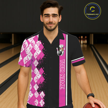 Pink And Black Argyle Pattern Beer Bowling Hawaiian Shirts Custom Bowling Button-Up Team Jersey TDM7585