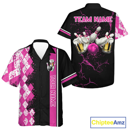 Pink And Black Argyle Pattern Beer Bowling Hawaiian Shirts Custom Bowling Button-Up Team Jersey TDM7585