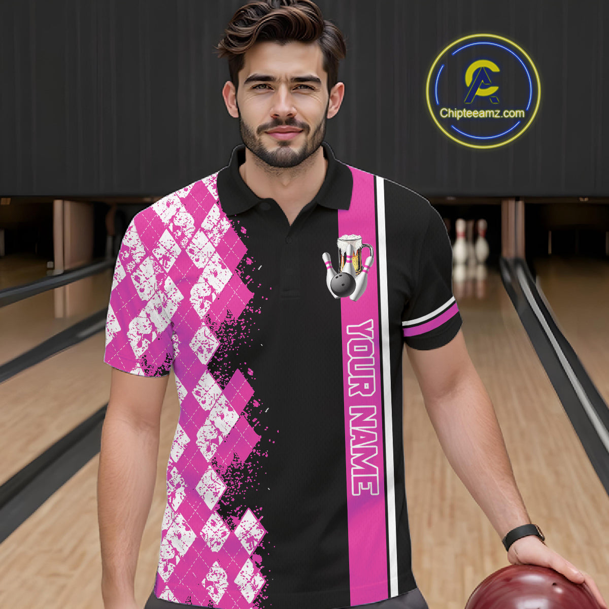 Pink And Black Argyle Pattern Bowling Beer Custom Bowling Shirts For Men Bowling Team League Jersey TDM7585