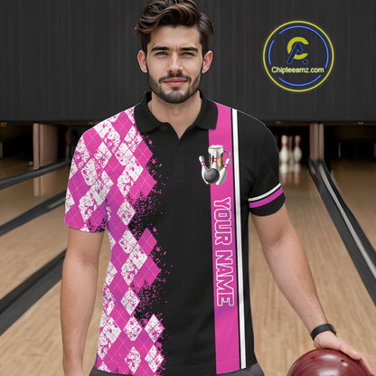 Pink And Black Argyle Pattern Bowling Beer Custom Bowling Shirts For Men Bowling Team League Jersey TDM7585