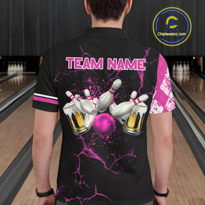 Pink And Black Argyle Pattern Bowling Beer Custom Bowling Shirts For Men Bowling Team League Jersey TDM7585