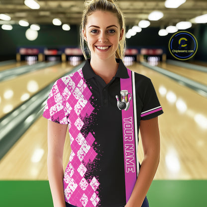 Pink And Black Argyle Pattern Bowling Beer Custom Bowling Shirts For Women Bowling Team League Jersey TDM7585