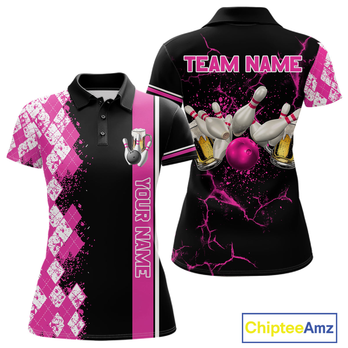 Pink And Black Argyle Pattern Bowling Beer Custom Bowling Shirts For Women Bowling Team League Jersey TDM7585