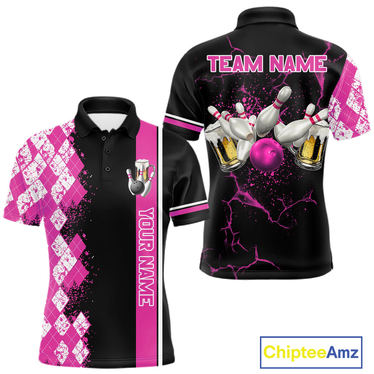 Pink And Black Argyle Pattern Bowling Beer Custom Bowling Shirts For Men Bowling Team League Jersey TDM7585