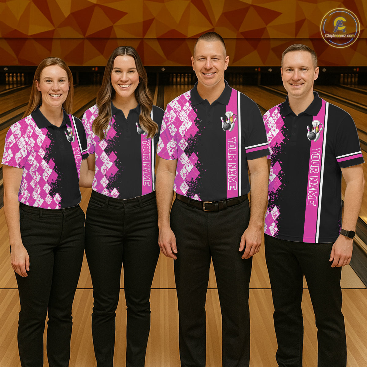 Pink And Black Argyle Pattern Bowling Beer Custom Bowling Shirts For Men Bowling Team League Jersey TDM7585
