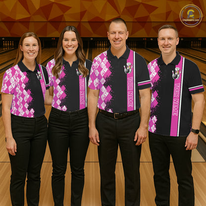 Pink And Black Argyle Pattern Bowling Beer Custom Bowling Shirts For Men Bowling Team League Jersey TDM7585