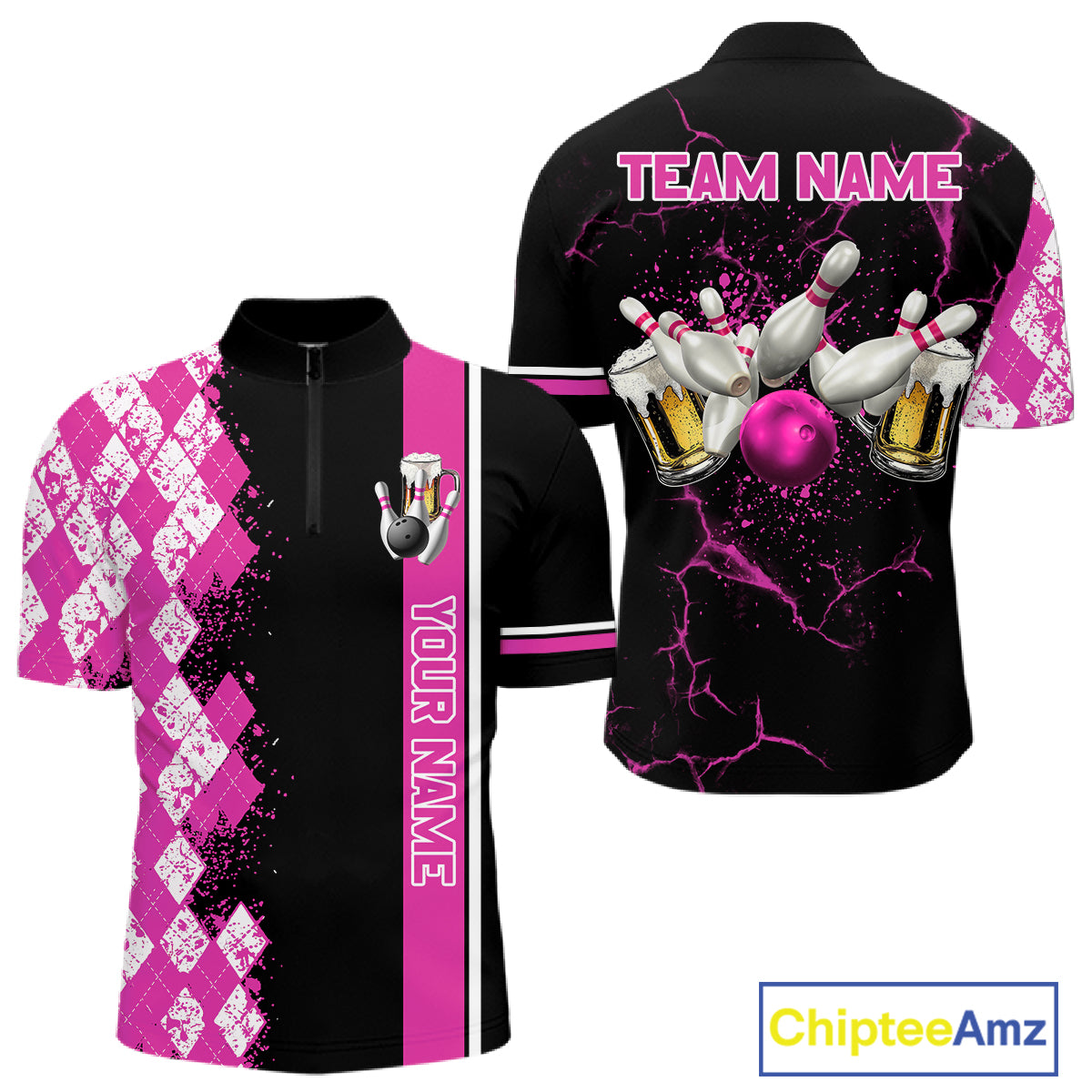 Pink And Black Argyle Pattern Bowling Beer Custom Bowling Shirts For Men Bowling Team League Jersey TDM7585