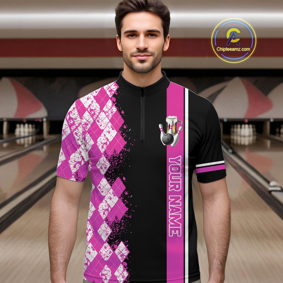 Pink And Black Argyle Pattern Bowling Beer Custom Bowling Shirts For Men Bowling Team League Jersey TDM7585