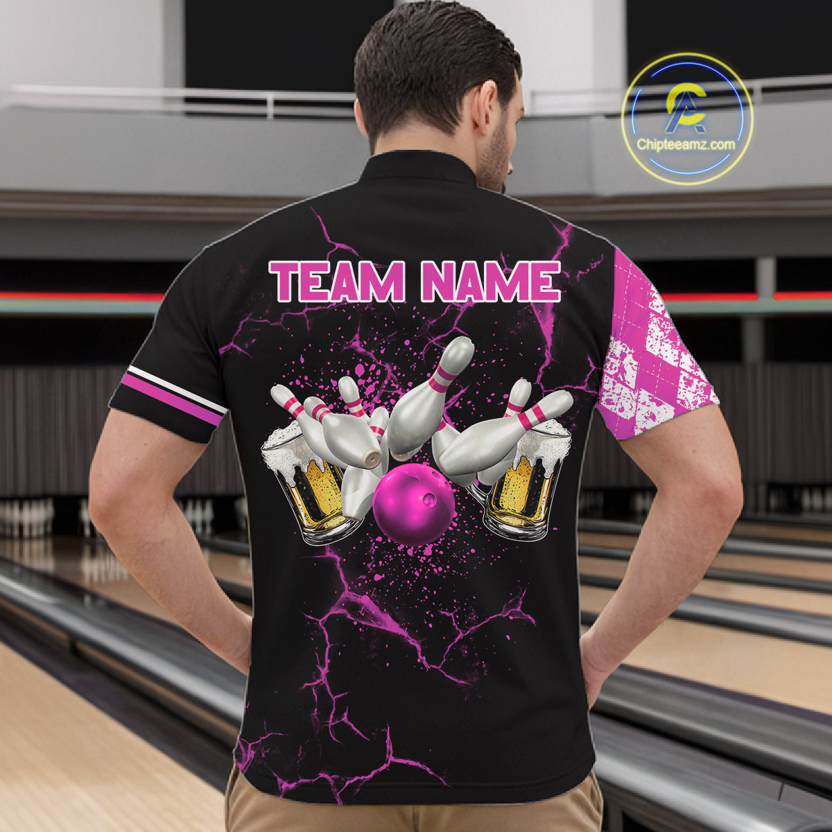 Pink And Black Argyle Pattern Bowling Beer Custom Bowling Shirts For Men Bowling Team League Jersey TDM7585