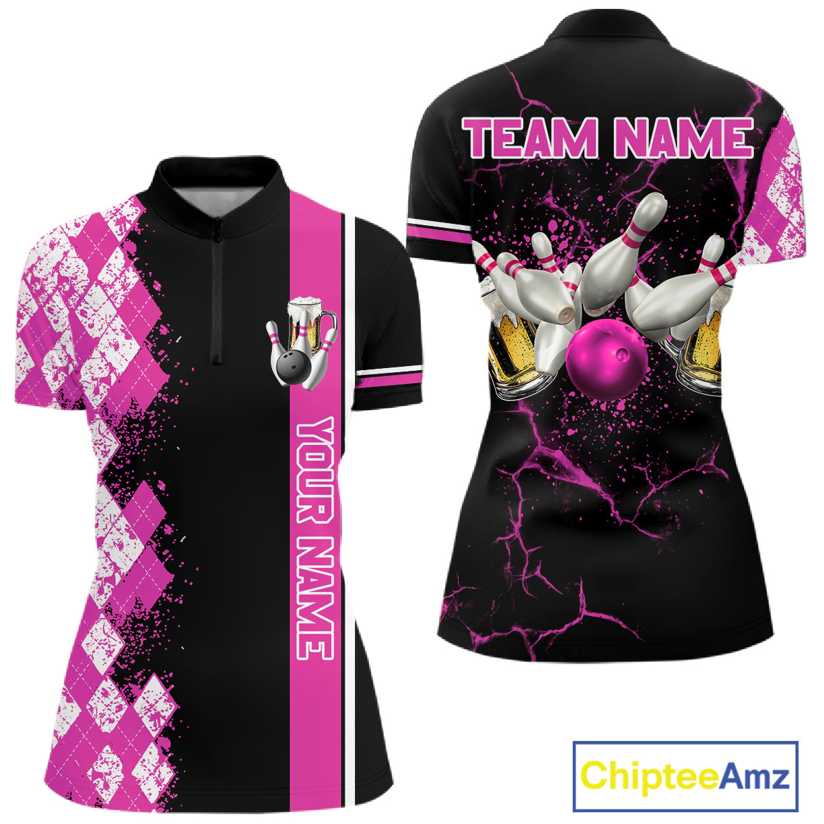 Pink And Black Argyle Pattern Bowling Beer Custom Bowling Shirts For Women Bowling Team League Jersey TDM7585