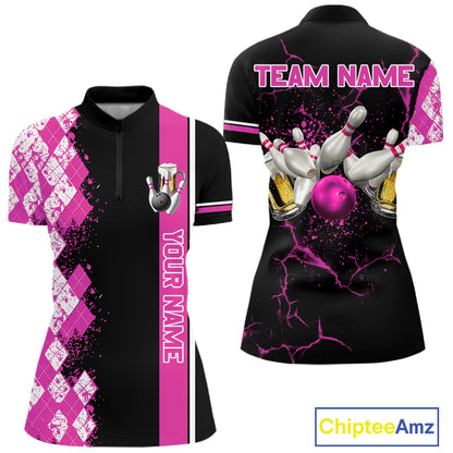 Pink And Black Argyle Pattern Bowling Beer Custom Bowling Shirts For Women Bowling Team League Jersey TDM7585
