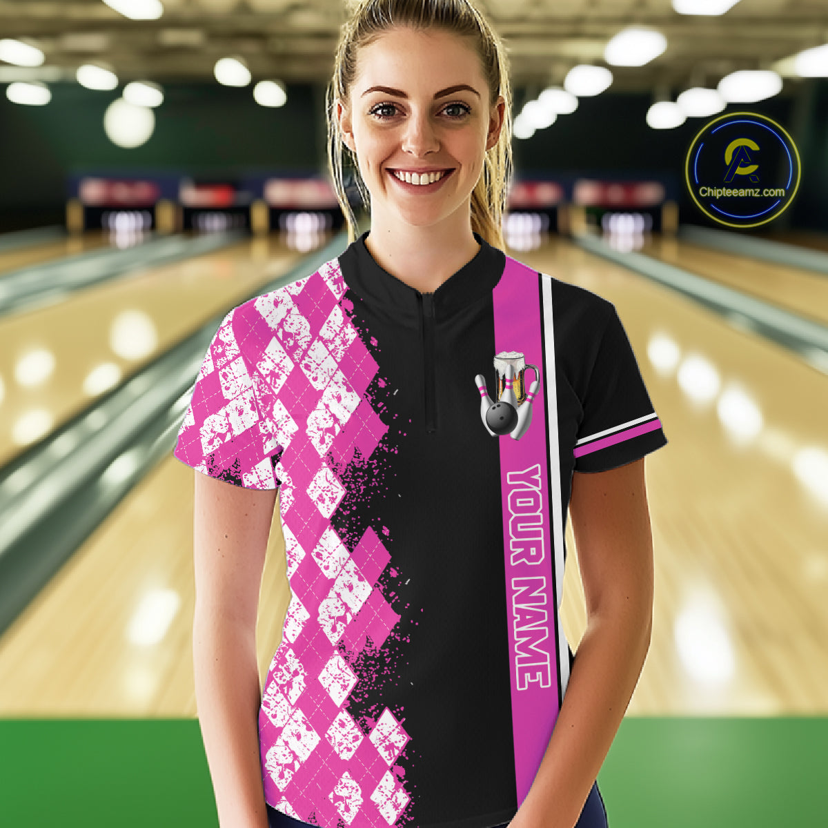 Pink And Black Argyle Pattern Bowling Beer Custom Bowling Shirts For Women Bowling Team League Jersey TDM7585