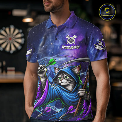 Funny Cat Wizard Blue Purple Galaxy Darts Shirts For Men Custom Glowing Darts Jerseys Outfits TDM7921