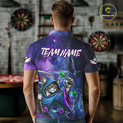 Funny Cat Wizard Blue Purple Galaxy Darts Shirts For Men Custom Glowing Darts Jerseys Outfits TDM7921