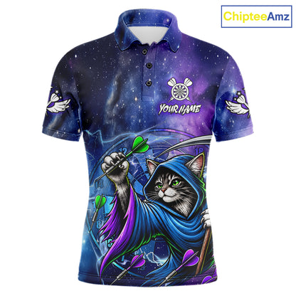 Funny Cat Wizard Blue Purple Galaxy Darts Shirts For Men Custom Glowing Darts Jerseys Outfits TDM7921